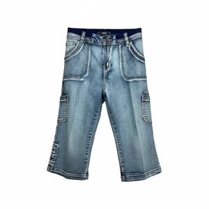 Cato Women Blue Denim Cargo Capri Pants Size 12 Medium Wash Stretch Crop Jeans